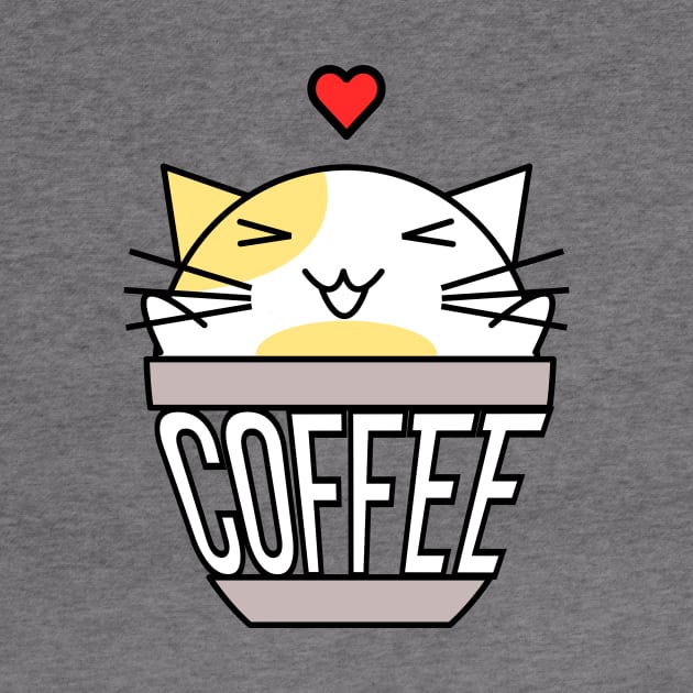 Happy cat in coffee cup with warped text heart on head yellow by coffeewithkitty